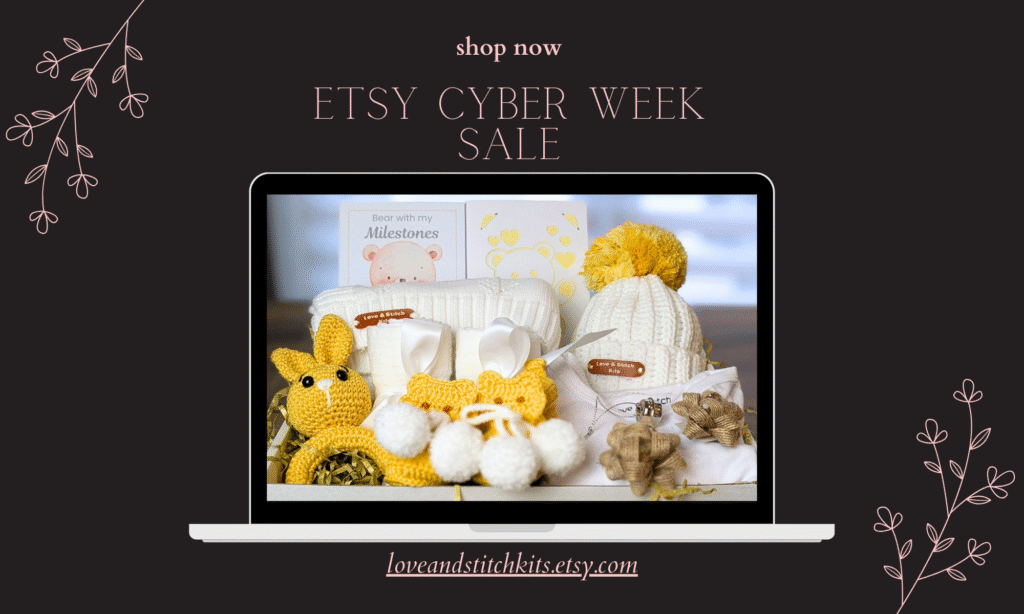 Handmade baby gift box with personalised bodysuit, crochet accessories and keepsake items from Love and Stitch Kits