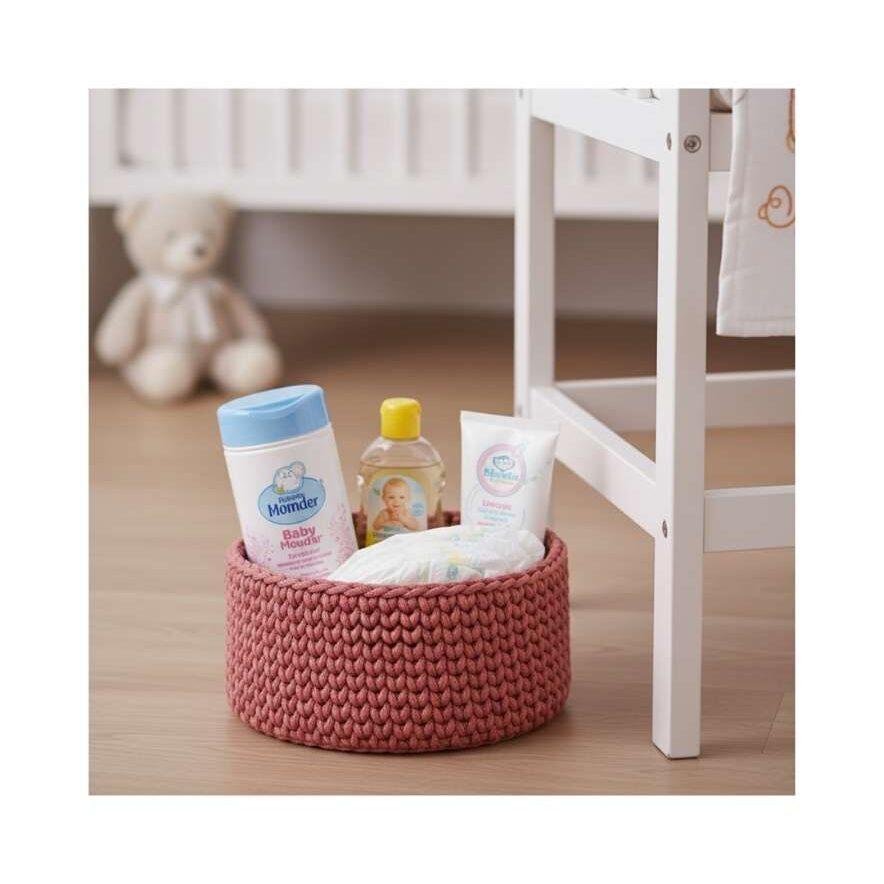 Rose crochet basket in a nursery with some baby essentials inside