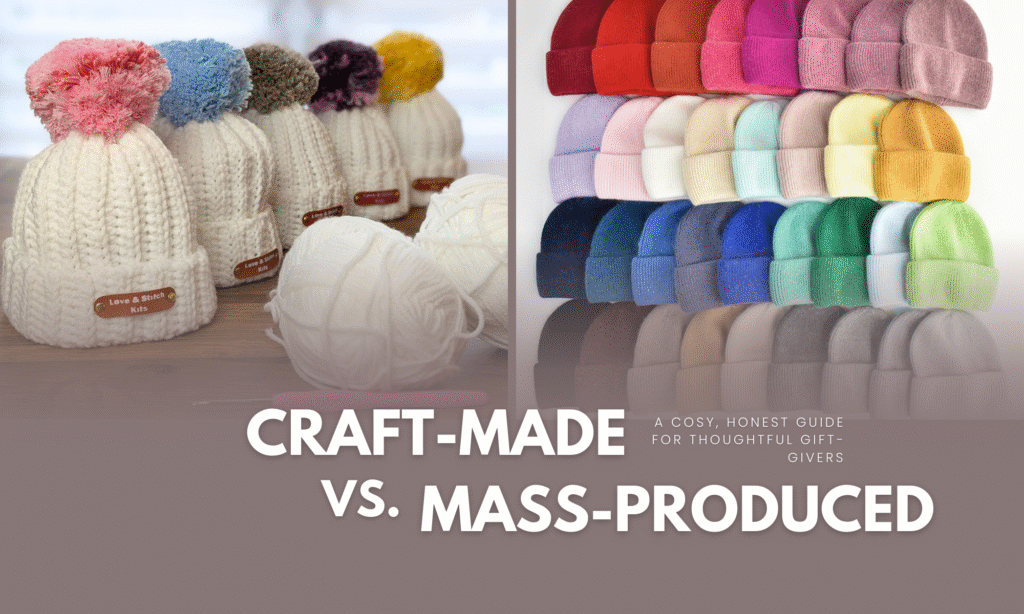 Comparation image between craft-made baby hats and mass produced ones