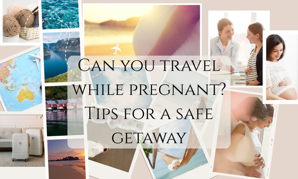 Collage image of expecting people and some travel destination